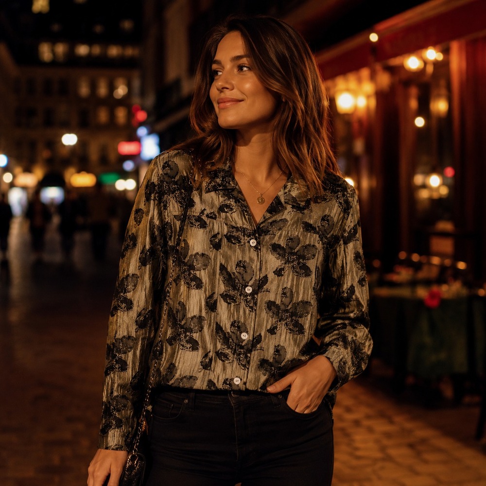 Chico's Button Front Blouse Women's Size 3 (XL-16) Black/Grey Floral A Night Out